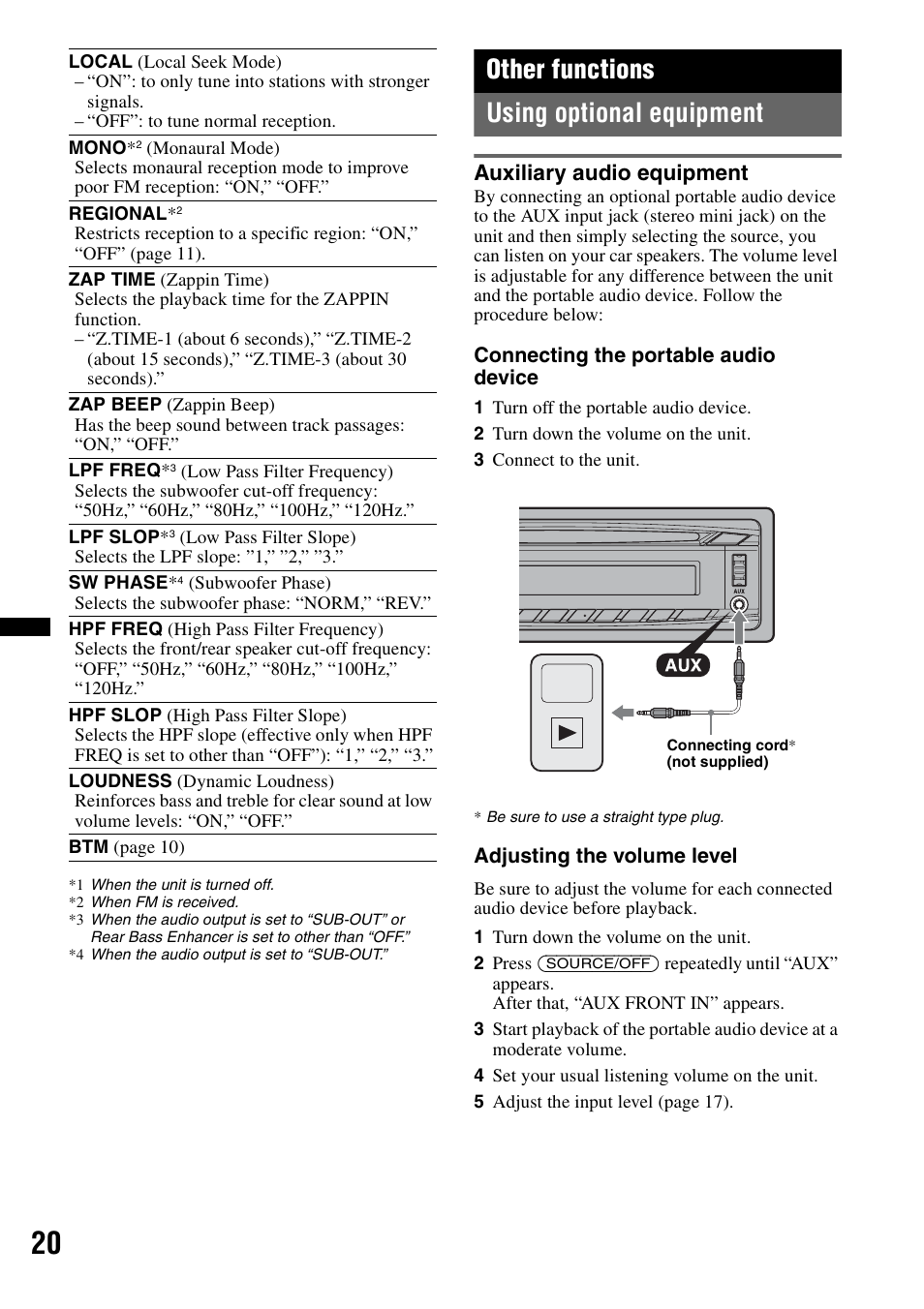 Other functions, Using optional equipment, Auxiliary audio equipment | Other functions using optional equipment | Sony CDX-GT550UI User Manual | Page 20 / 140