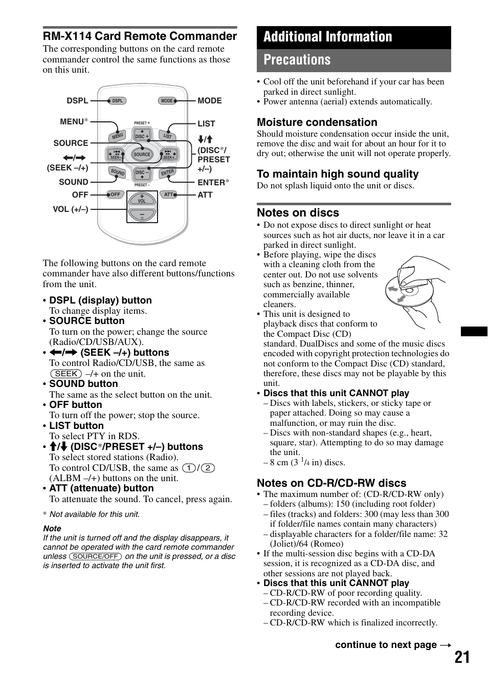 Rm-x114 card remote commander, Additional information, Precautions | Notes on discs, Additional information precautions, Moisture condensation | Sony CDX-GT550UI User Manual | Page 21 / 140