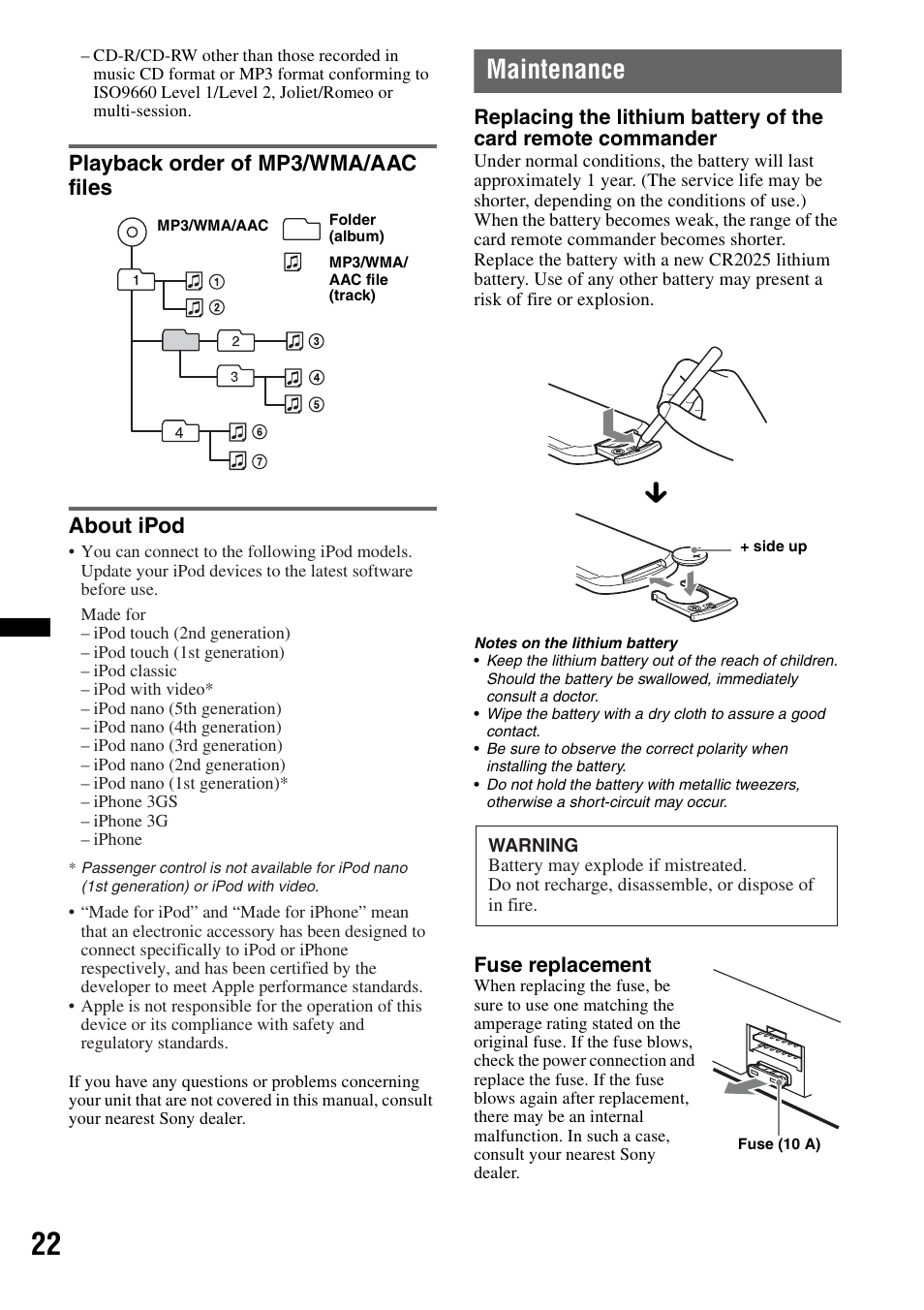 Playback order of mp3/wma/aac files, About ipod, Maintenance | Playback order of mp3/wma/aac files about ipod | Sony CDX-GT550UI User Manual | Page 22 / 140