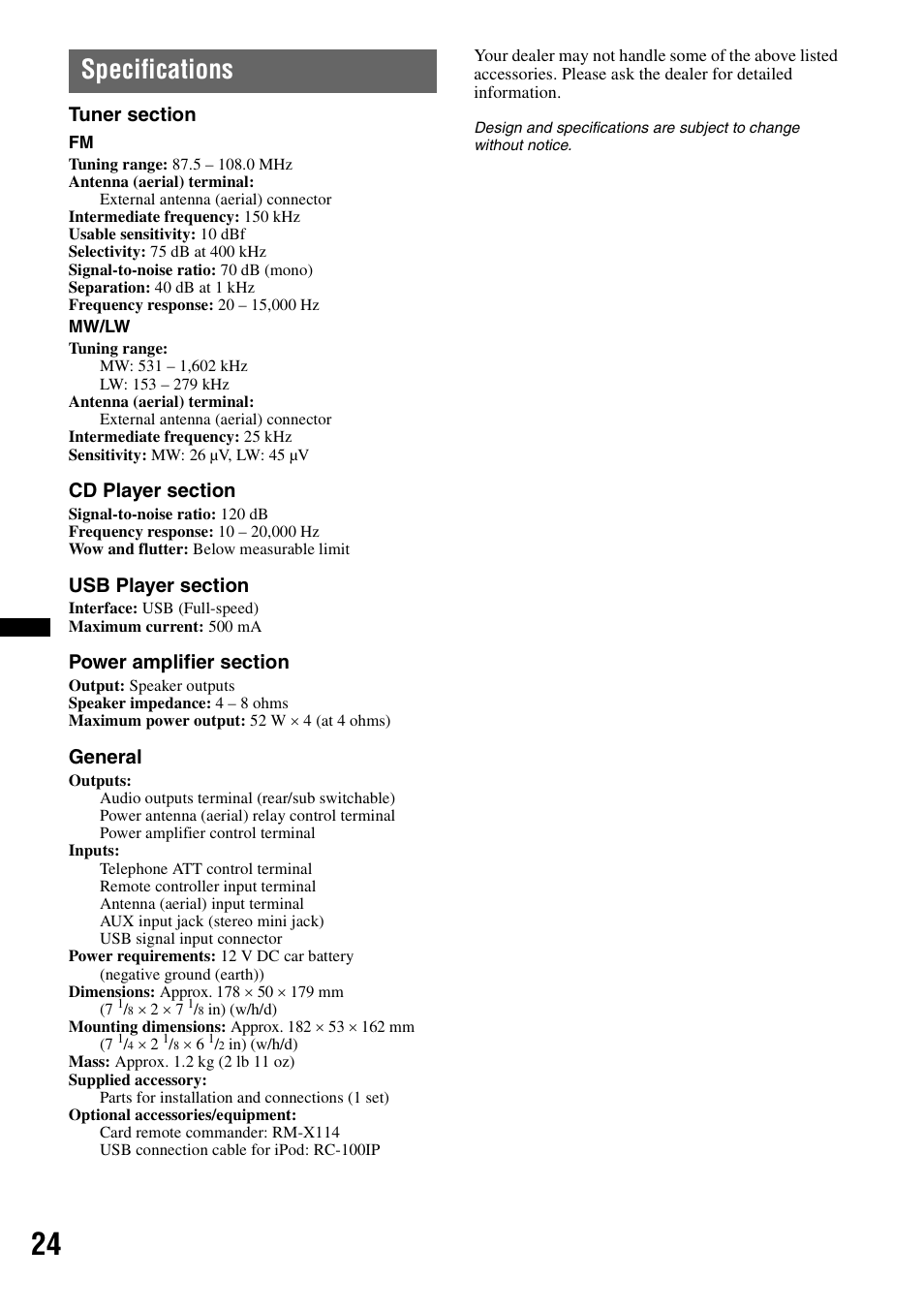 Specifications, General | Sony CDX-GT550UI User Manual | Page 24 / 140