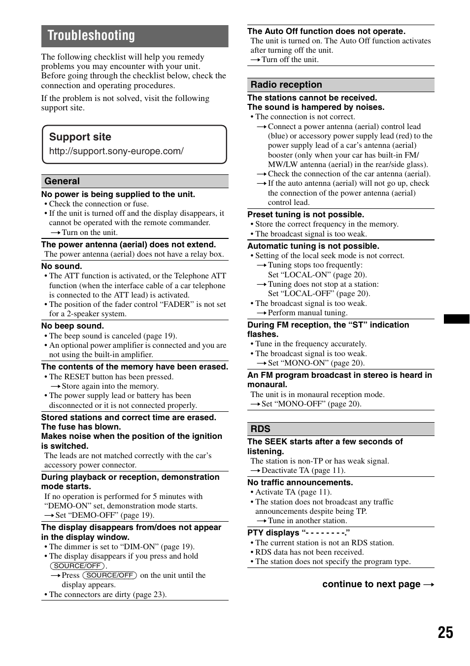 Troubleshooting, Support site | Sony CDX-GT550UI User Manual | Page 25 / 140