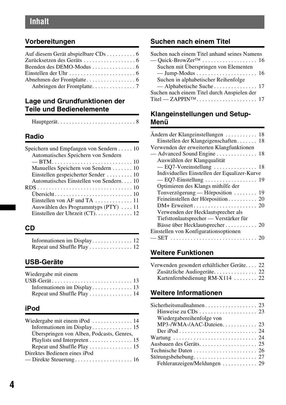 Inhalt | Sony CDX-GT550UI User Manual | Page 30 / 140