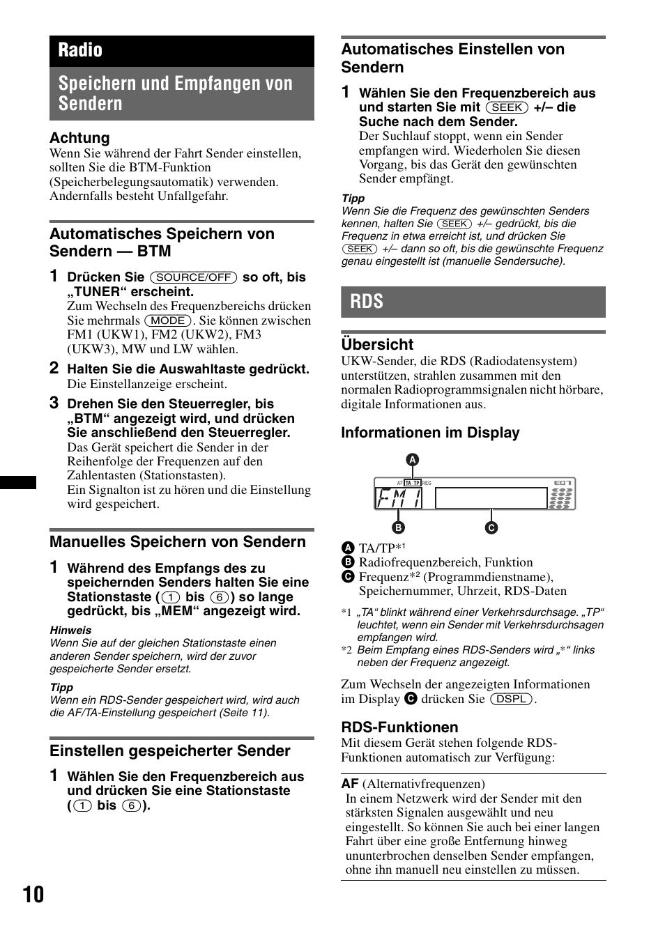 Radio, Speichern und empfangen von sendern, Automatisches speichern von sendern - btm | Manuelles speichern von sendern, Einstellen gespeicherter sender, Automatisches einstellen von sendern, Übersicht, Seite 10, Radio speichern und empfangen von sendern | Sony CDX-GT550UI User Manual | Page 36 / 140