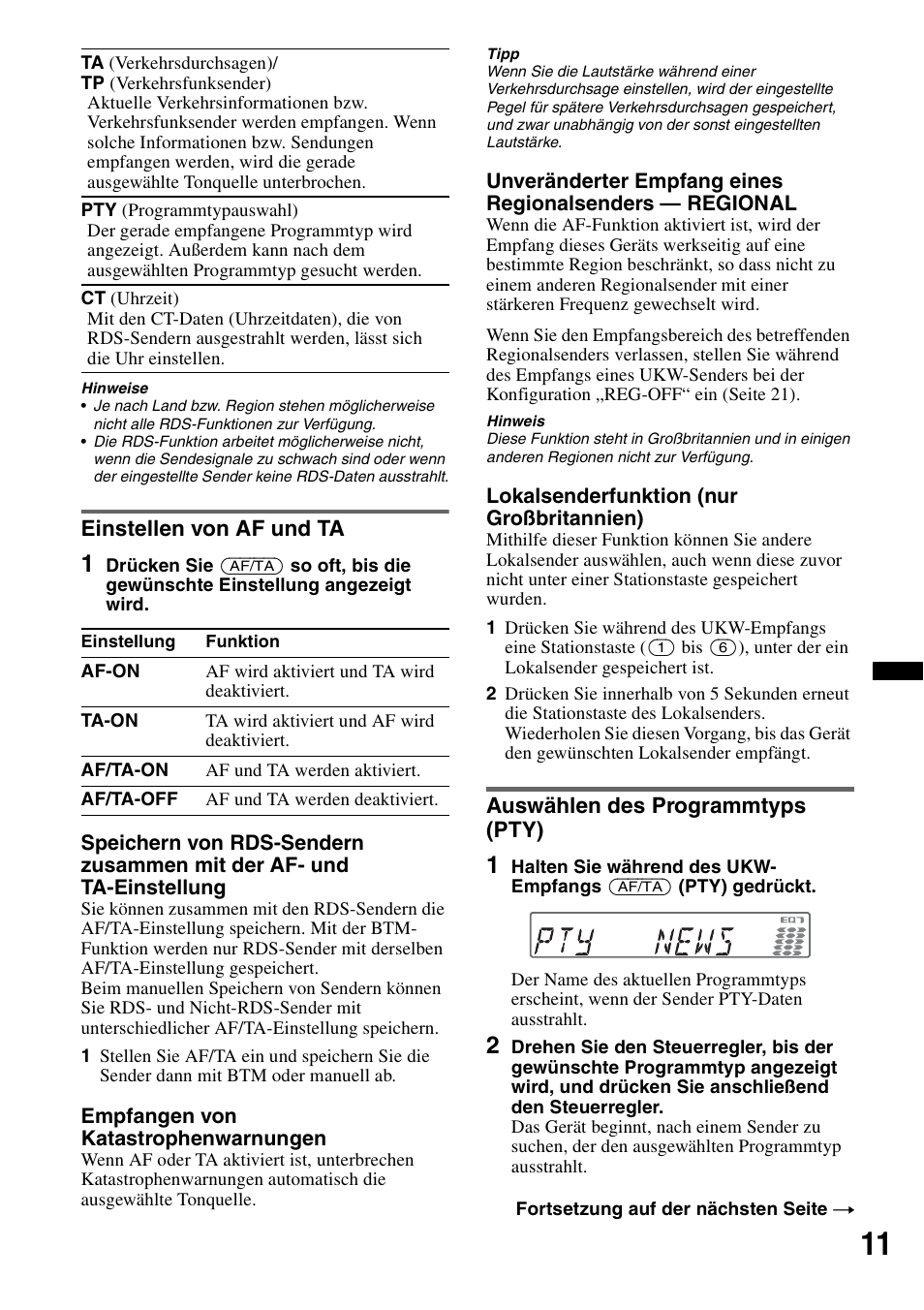 Einstellen von af und ta, Auswählen des programmtyps (pty), Seite 11 | Sony CDX-GT550UI User Manual | Page 37 / 140