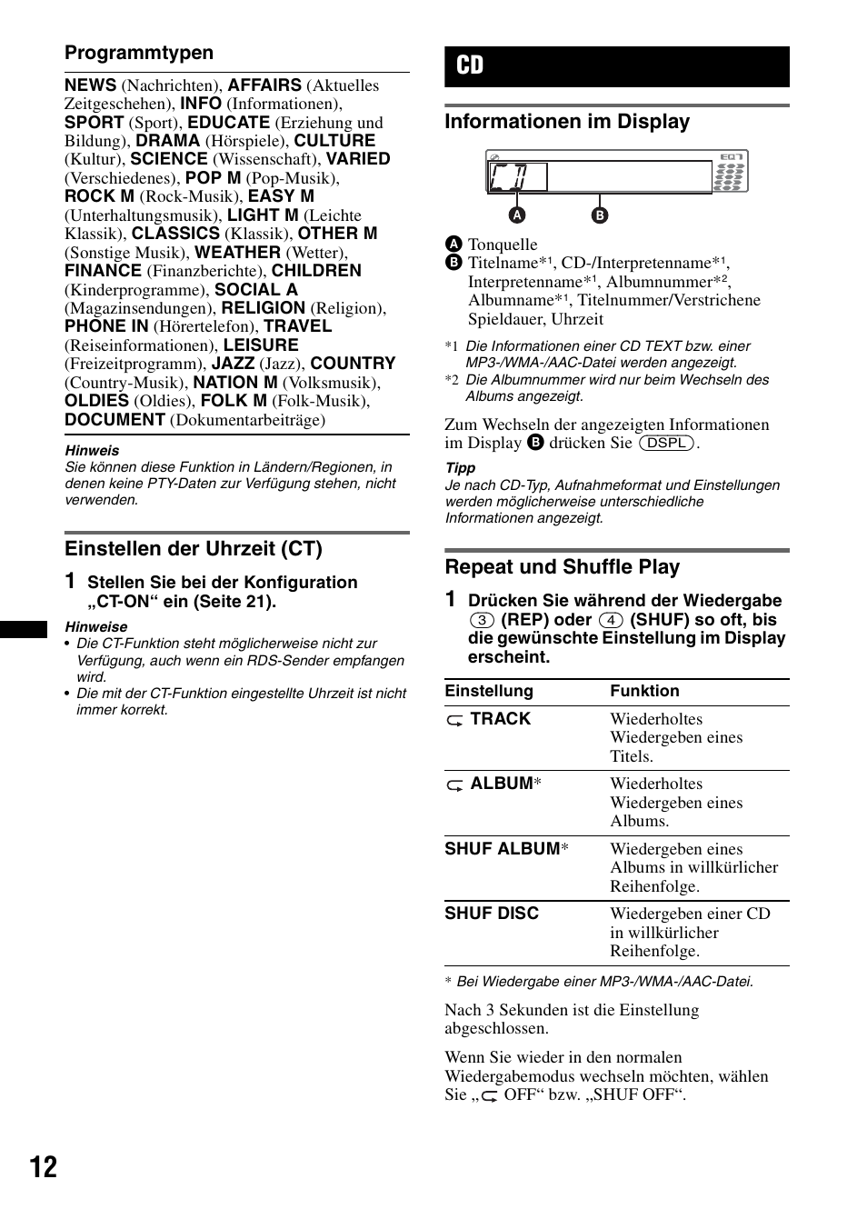 Einstellen der uhrzeit (ct), Informationen im display, Repeat und shuffle play | Informationen im display repeat und shuffle play, Seite 12), Seite 12 | Sony CDX-GT550UI User Manual | Page 38 / 140