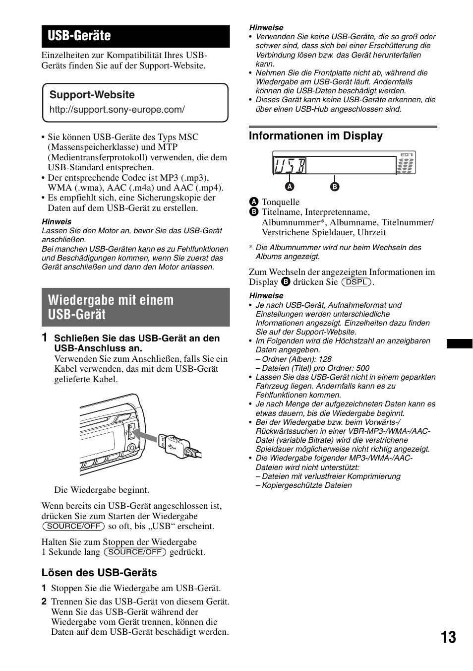 Usb-geräte, Wiedergabe mit einem usb-gerät, Informationen im display | Seite 13, 1 | Sony CDX-GT550UI User Manual | Page 39 / 140