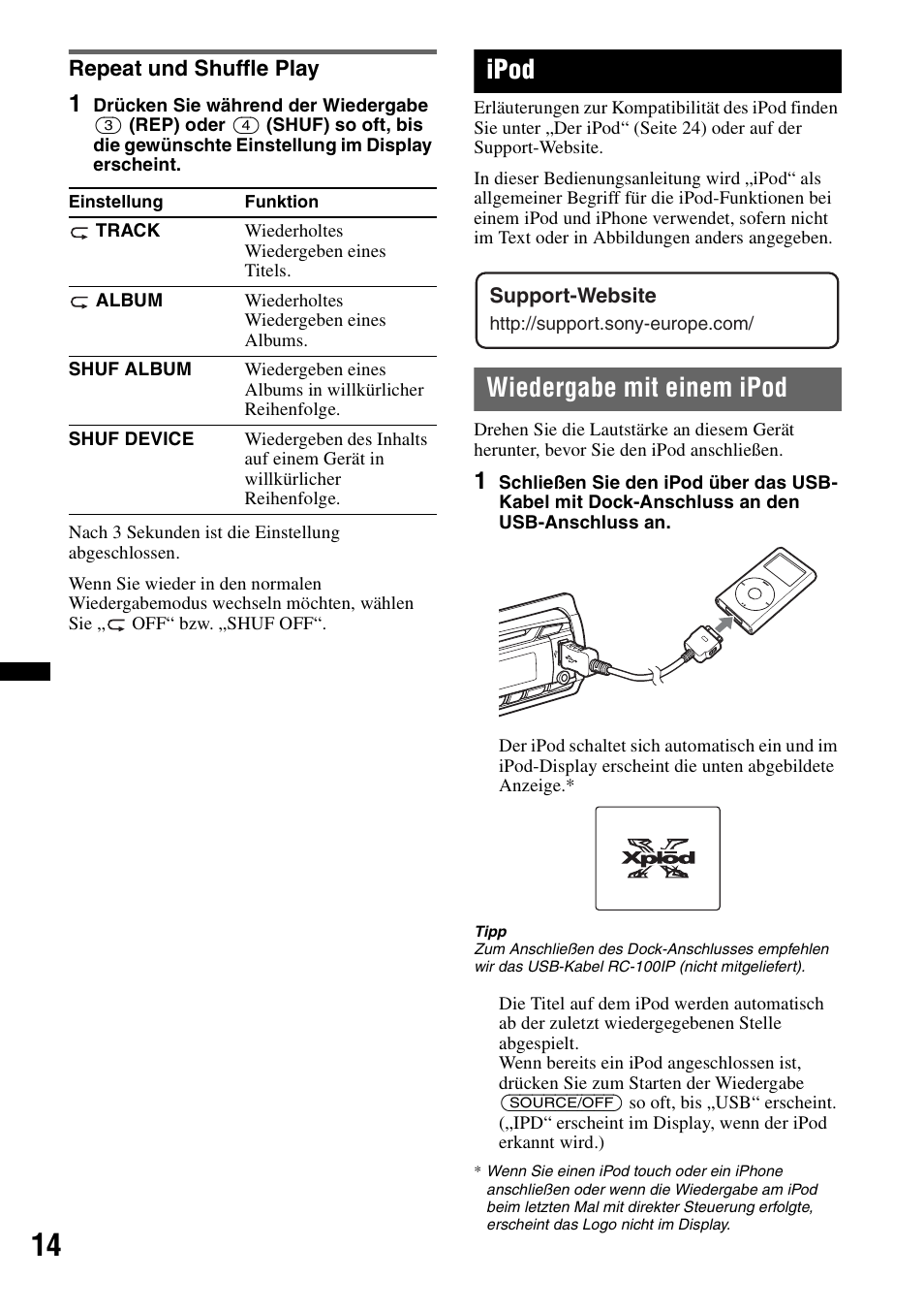 Repeat und shuffle play, Ipod, Wiedergabe mit einem ipod | Sony CDX-GT550UI User Manual | Page 40 / 140