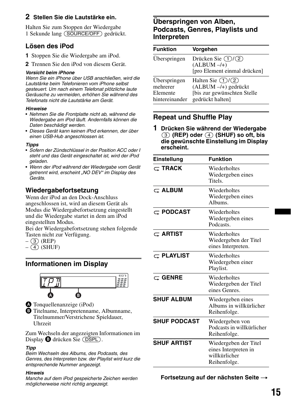 Informationen im display, Repeat und shuffle play | Sony CDX-GT550UI User Manual | Page 41 / 140