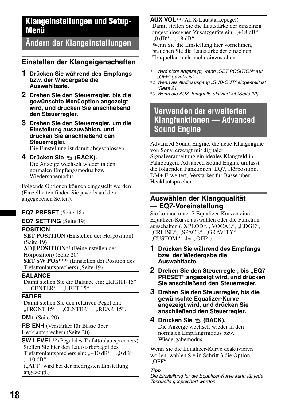 Klangeinstellungen und setup- menü, Ändern der klangeinstellungen, Einstellen der klangeigenschaften | Auswählen der klangqualität - eq7-voreinstellung, Auswählen der klangqualität — eq7-voreinstellung, Seite 18 | Sony CDX-GT550UI User Manual | Page 44 / 140