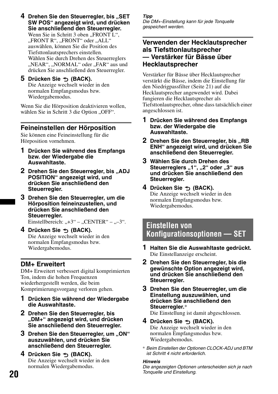 Feineinstellen der hörposition, Dm+ erweitert, Einstellen von konfigurationsoptionen - set | Einstellen von konfigurationsoptionen — set, Seite 20), Seite 20 | Sony CDX-GT550UI User Manual | Page 46 / 140