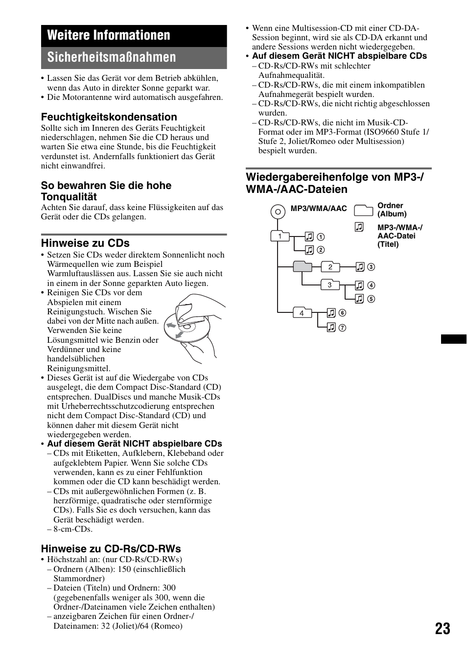 Weitere informationen, Sicherheitsmaßnahmen, Hinweise zu cds | Wiedergabereihenfolge von mp3-/ wma-/aac-dateien, Seite 23, Weitere informationen sicherheitsmaßnahmen | Sony CDX-GT550UI User Manual | Page 49 / 140