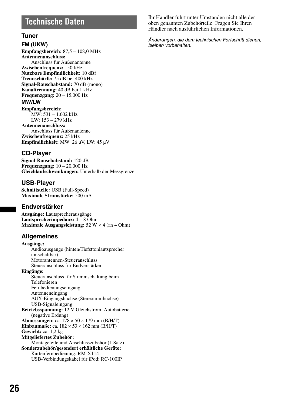 Technische daten | Sony CDX-GT550UI User Manual | Page 52 / 140