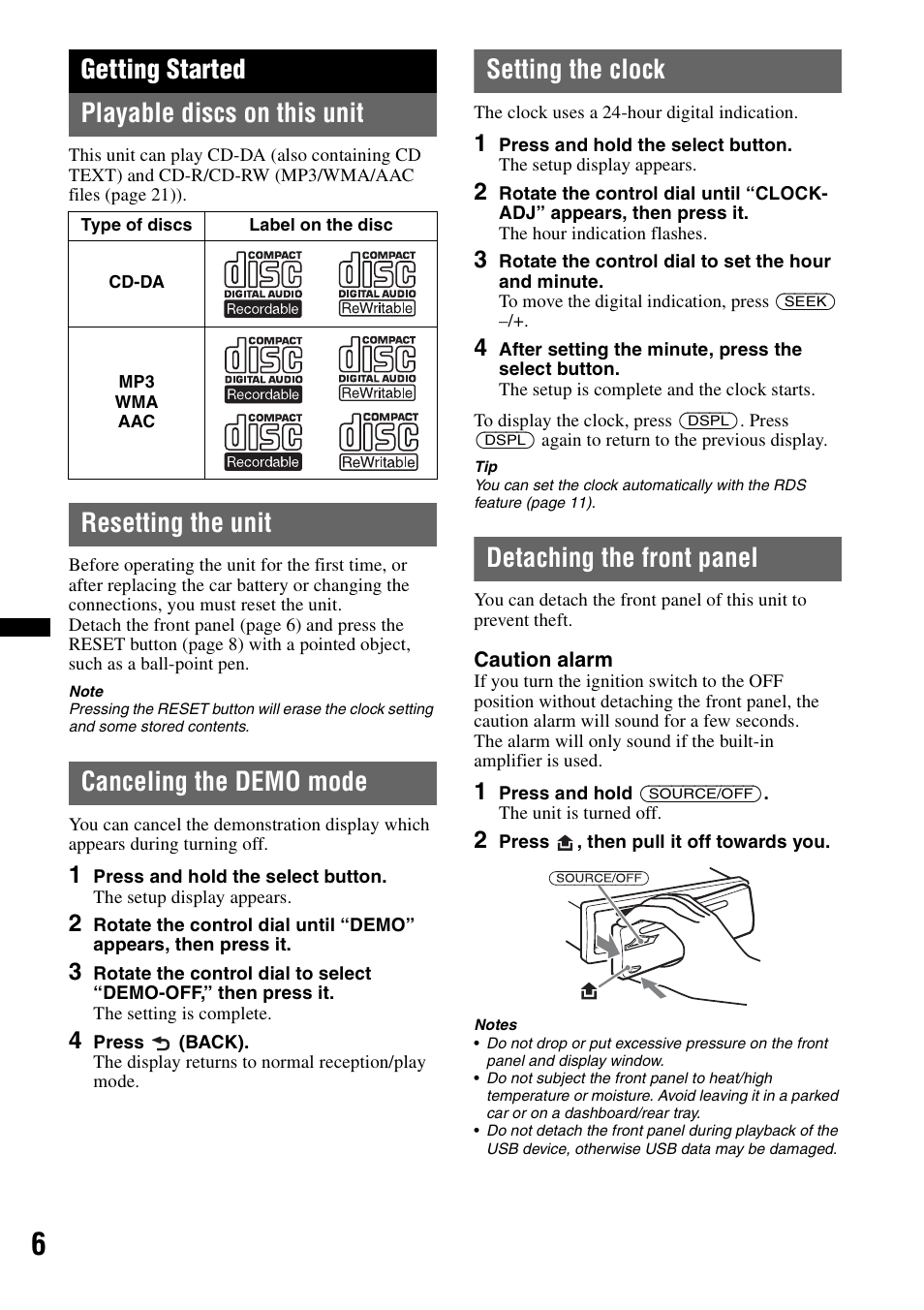 Getting started, Playable discs on this unit, Resetting the unit | Canceling the demo mode, Setting the clock, Detaching the front panel, Getting started playable discs on this unit | Sony CDX-GT550UI User Manual | Page 6 / 140