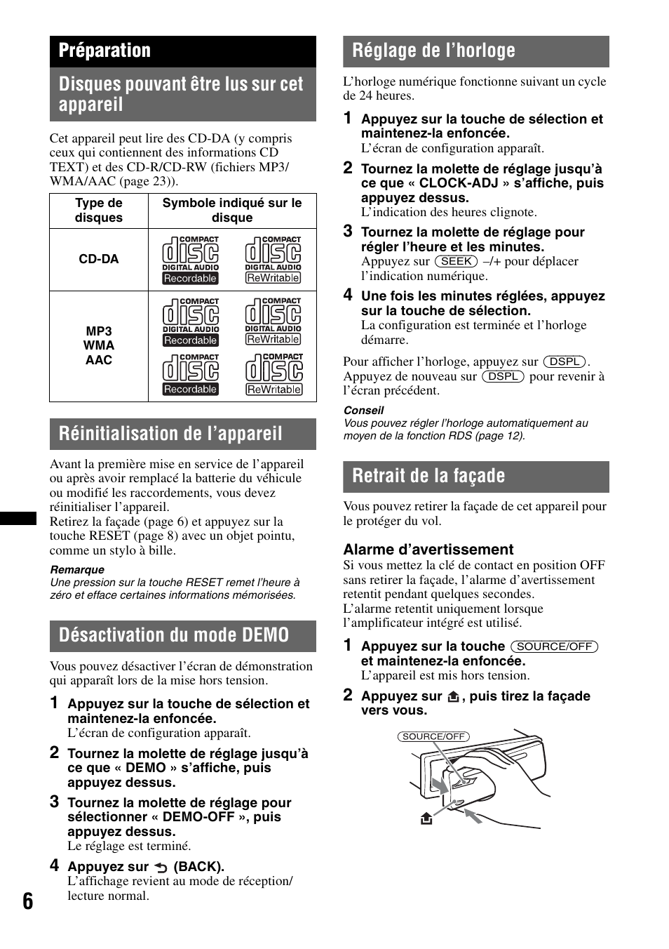 Préparation, Disques pouvant être lus sur cet appareil, Réinitialisation de l’appareil | Désactivation du mode demo, Réglage de l’horloge, Retrait de la façade | Sony CDX-GT550UI User Manual | Page 60 / 140