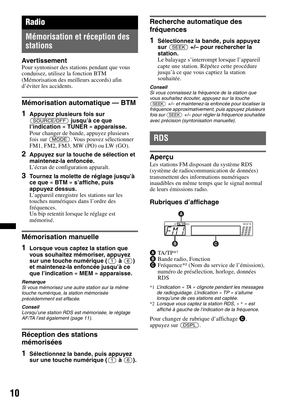 Radio, Mémorisation et réception des stations, Mémorisation automatique - btm | Mémorisation manuelle, Réception des stations mémorisées, Recherche automatique des fréquences, Aperçu, Radio mémorisation et réception des stations | Sony CDX-GT550UI User Manual | Page 64 / 140