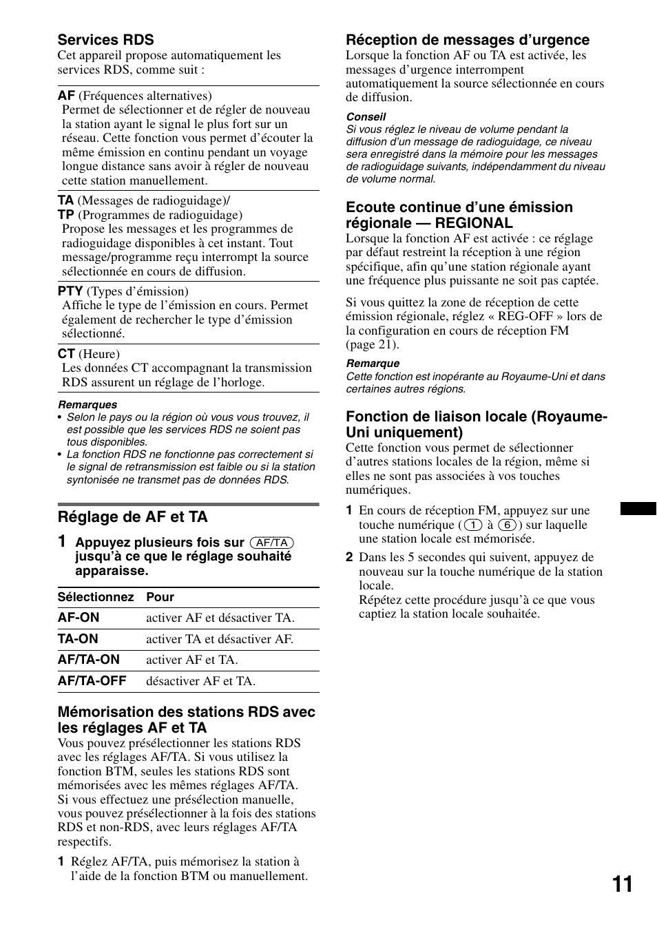 Réglage de af et ta | Sony CDX-GT550UI User Manual | Page 65 / 140