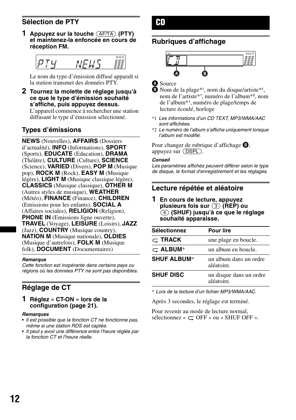 Sélection de pty, Réglage de ct, Rubriques d’affichage | Lecture répétée et aléatoire, Sélection de pty réglage de ct, Rubriques d’affichage lecture répétée et aléatoire | Sony CDX-GT550UI User Manual | Page 66 / 140