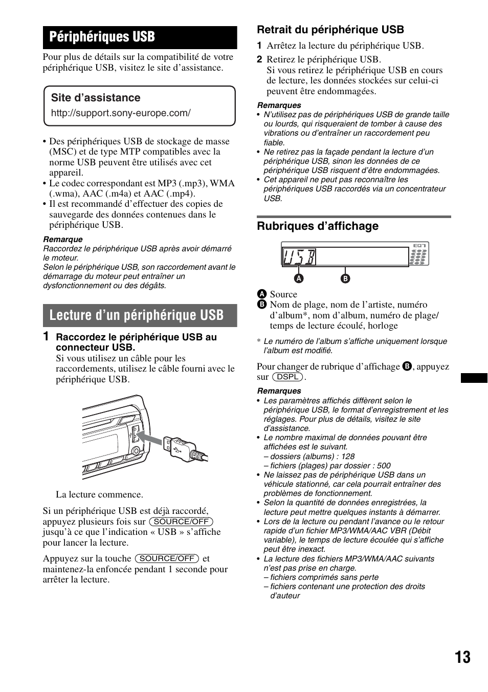 Périphériques usb, Lecture d’un périphérique usb, Rubriques d’affichage | Sony CDX-GT550UI User Manual | Page 67 / 140