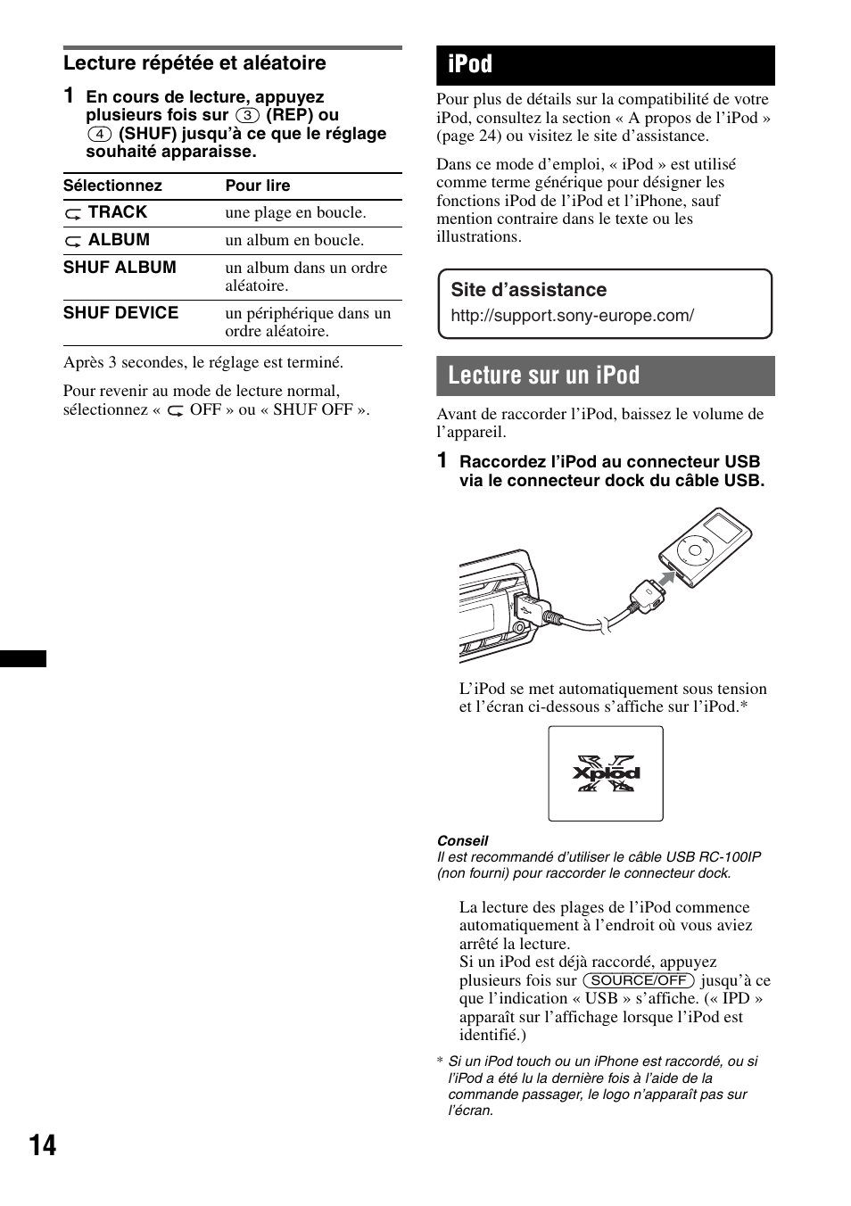 Lecture répétée et aléatoire, Ipod, Lecture sur un ipod | Sony CDX-GT550UI User Manual | Page 68 / 140