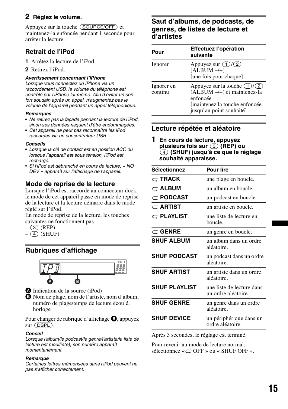 Rubriques d’affichage, Lecture répétée et aléatoire | Sony CDX-GT550UI User Manual | Page 69 / 140