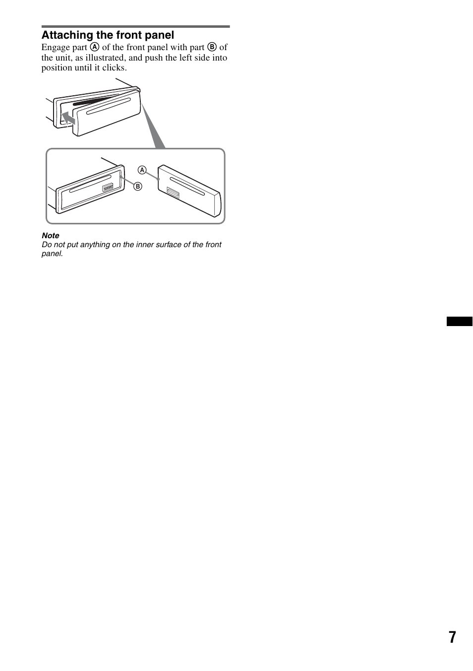 Attaching the front panel | Sony CDX-GT550UI User Manual | Page 7 / 140