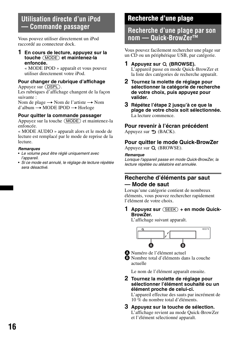 Utilisation directe d’un ipod - commande passager, Recherche d’une plage, Recherche d’une plage par son nom - quick-browzer | Recherche d’éléments par saut - mode de saut, Utilisation directe d’un ipod — commande passager, Recherche d’une plage par son nom — quick-browzer, Recherche d’éléments par saut — mode de saut | Sony CDX-GT550UI User Manual | Page 70 / 140