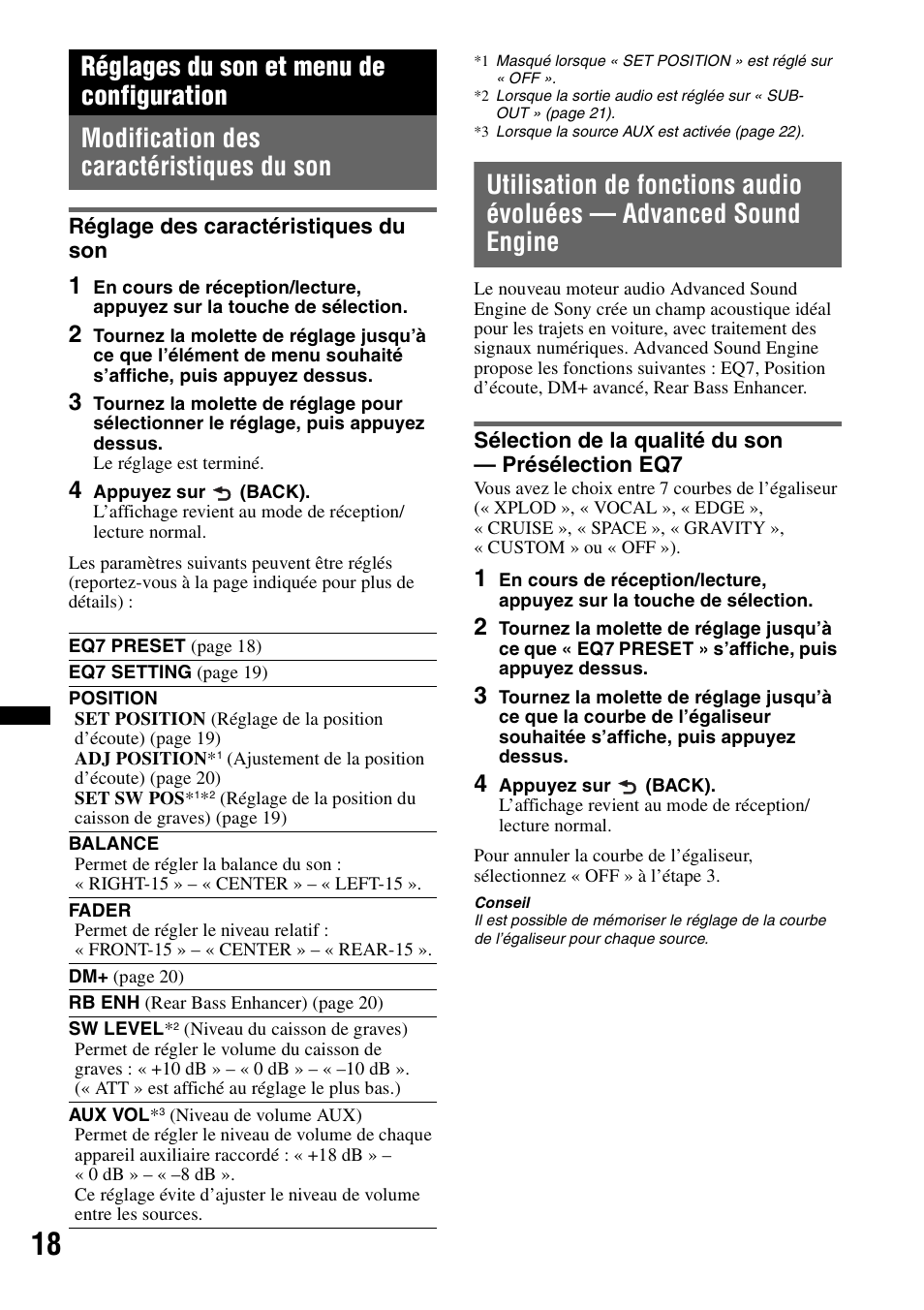 Réglages du son et menu de configuration, Modification des caractéristiques du son, Réglage des caractéristiques du son | Sélection de la qualité du son - présélection eq7, Sélection de la qualité du son — présélection eq7 | Sony CDX-GT550UI User Manual | Page 72 / 140