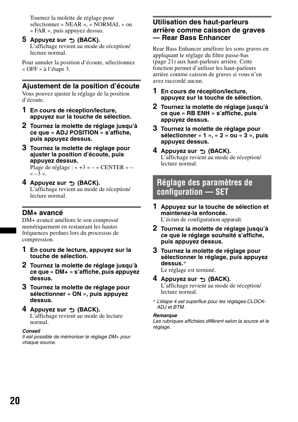 Ajustement de la position d’écoute, Dm+ avancé, Réglage des paramètres de configuration - set | Réglage des paramètres de configuration — set | Sony CDX-GT550UI User Manual | Page 74 / 140