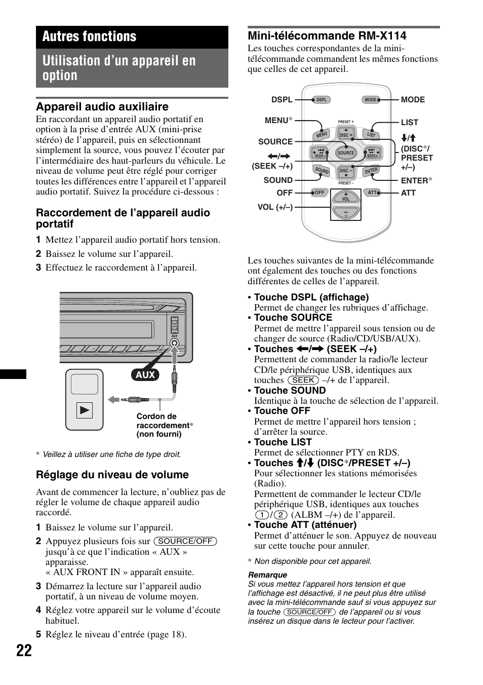 Autres fonctions, Utilisation d’un appareil en option, Appareil audio auxiliaire | Mini-télécommande rm-x114, Raccordement de l’appareil audio portatif, Réglage du niveau de volume | Sony CDX-GT550UI User Manual | Page 76 / 140