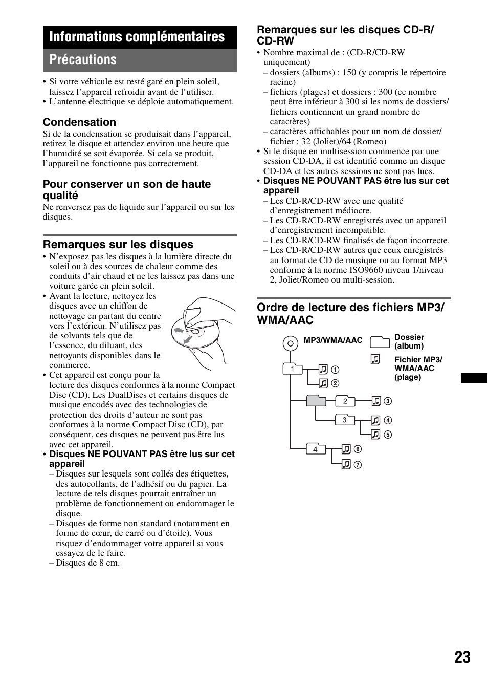 Informations complémentaires, Précautions, Remarques sur les disques | Ordre de lecture des fichiers mp3/ wma/aac, Informations complémentaires précautions | Sony CDX-GT550UI User Manual | Page 77 / 140