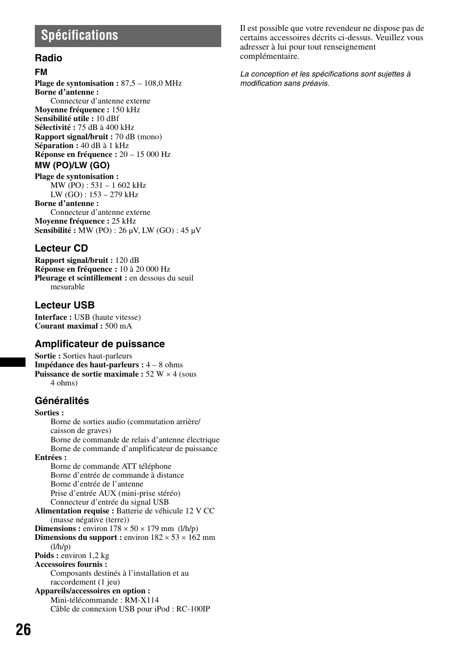 Spécifications | Sony CDX-GT550UI User Manual | Page 80 / 140