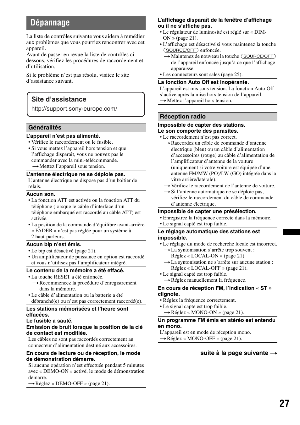 Dépannage, Site d’assistance | Sony CDX-GT550UI User Manual | Page 81 / 140