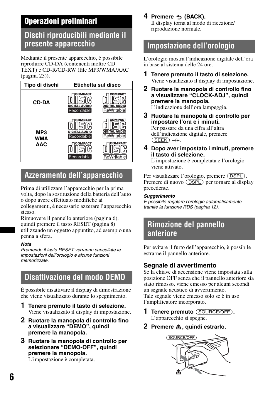 Operazioni preliminari, Azzeramento dell’apparecchio, Disattivazione del modo demo | Impostazione dell’orologio, Rimozione del pannello anteriore | Sony CDX-GT550UI User Manual | Page 88 / 140