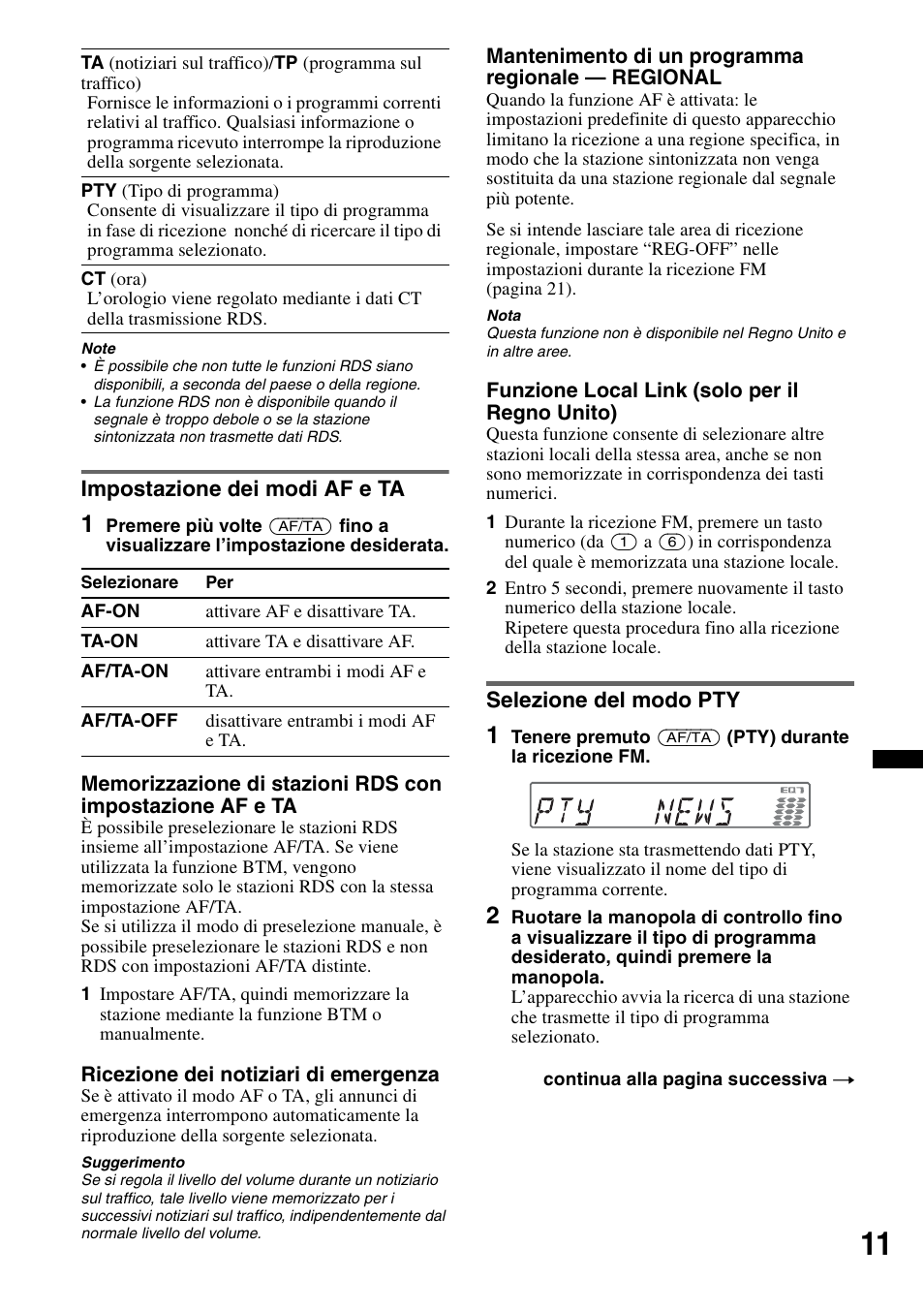 Impostazione dei modi af e ta, Selezione del modo pty | Sony CDX-GT550UI User Manual | Page 93 / 140