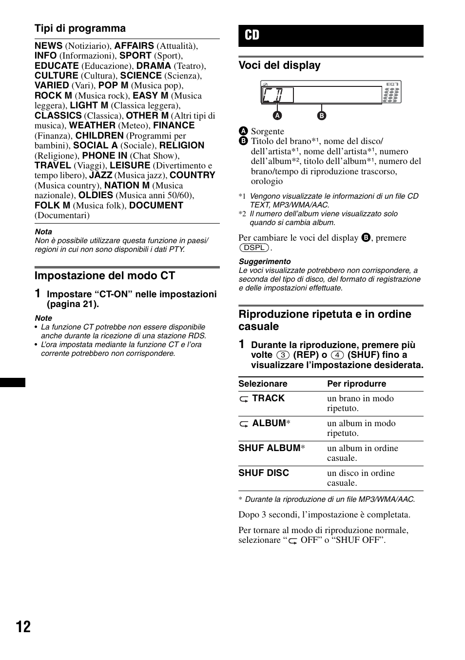 Impostazione del modo ct, Voci del display, Riproduzione ripetuta e in ordine casuale | Sony CDX-GT550UI User Manual | Page 94 / 140