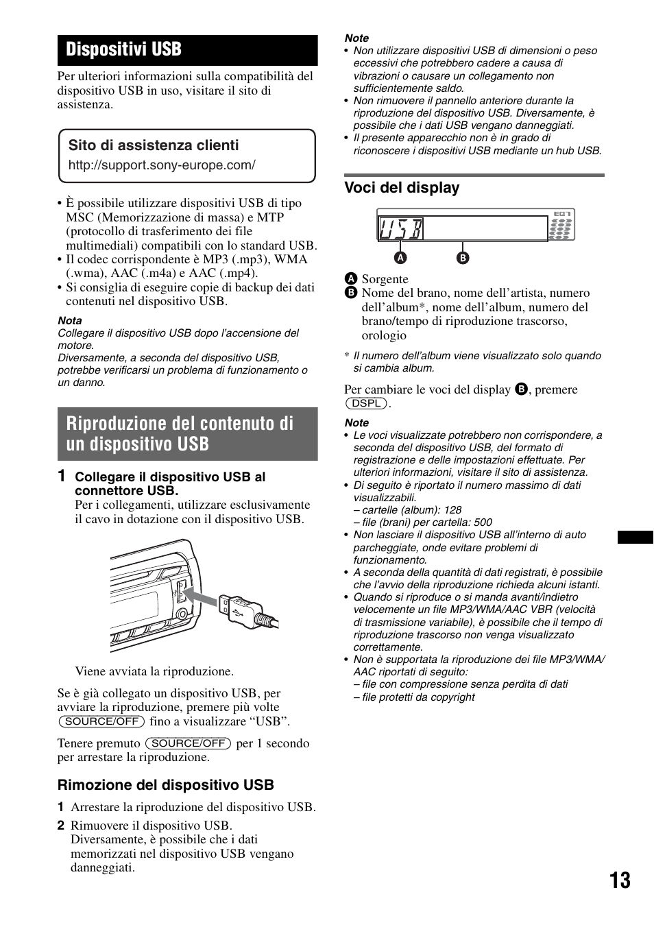 Dispositivi usb, Riproduzione del contenuto di un dispositivo usb, Voci del display | Sony CDX-GT550UI User Manual | Page 95 / 140