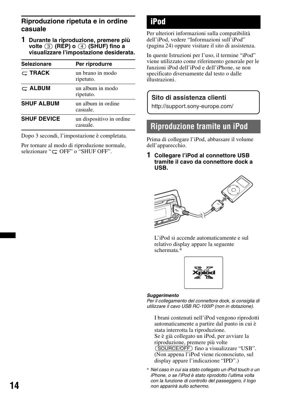 Riproduzione ripetuta e in ordine casuale, Ipod, Riproduzione tramite un ipod | Sony CDX-GT550UI User Manual | Page 96 / 140