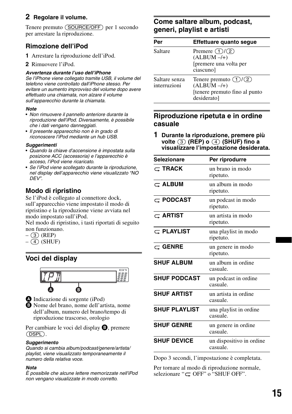 Voci del display, Riproduzione ripetuta e in ordine casuale | Sony CDX-GT550UI User Manual | Page 97 / 140