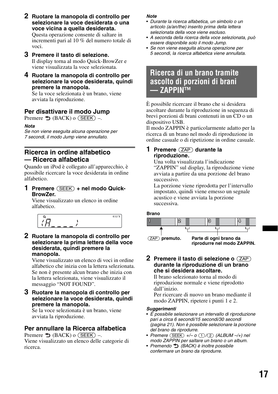 Ricerca in ordine alfabetico - ricerca alfabetica, Ricerca in ordine alfabetico — ricerca alfabetica | Sony CDX-GT550UI User Manual | Page 99 / 140