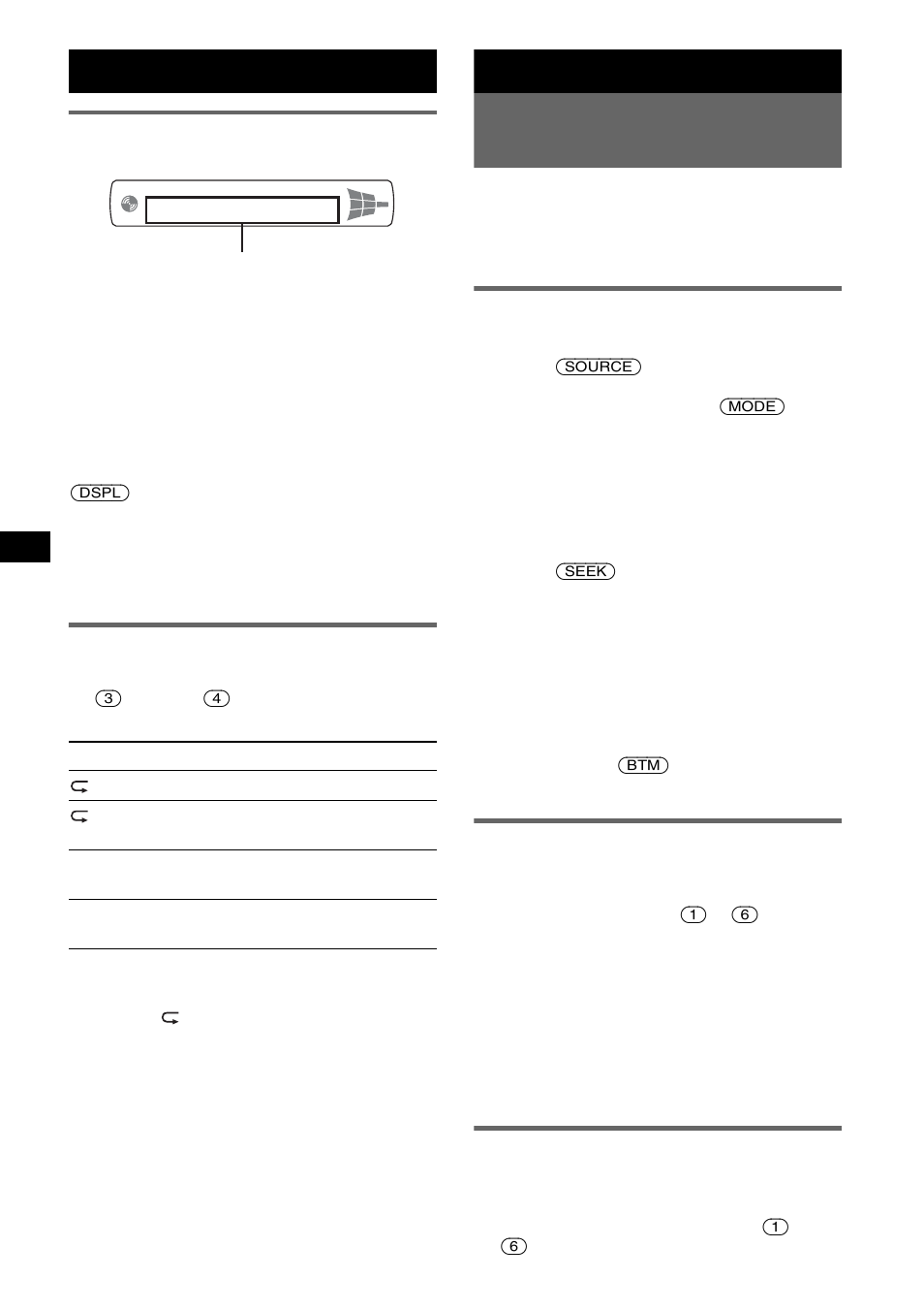 Elementos de la pantalla, Reproducción repetida y aleatoria, Radio | Almacenamiento y recepción de emisoras, Almacenamiento automático - btm, Almacenamiento manual, Recepción de las emisoras almacenadas, Radio almacenamiento y recepción de emisoras | Sony CDX-M10 User Manual | Page 46 / 116