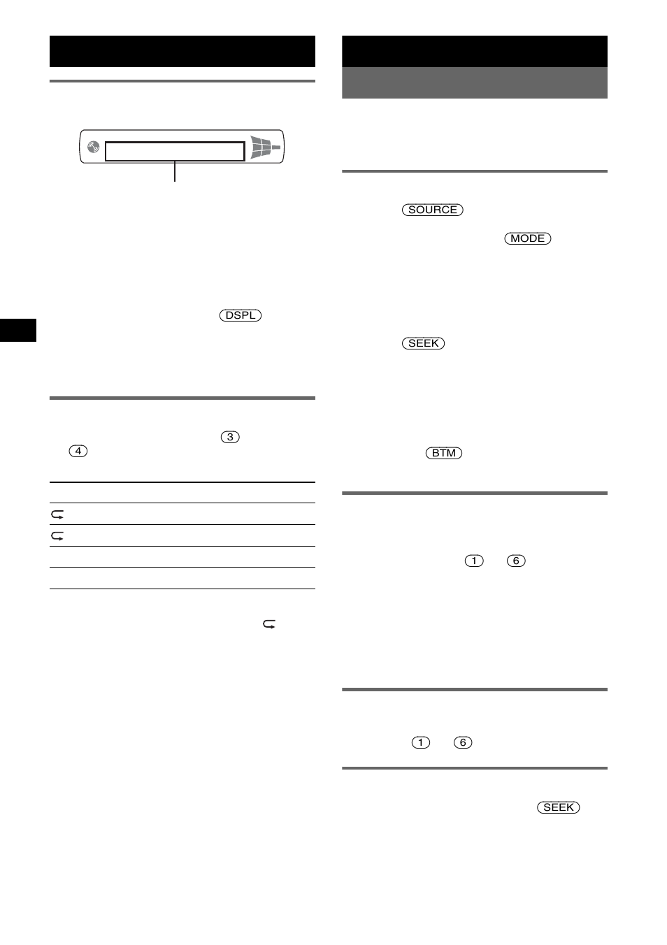Display items, Repeat and shuffle play, Radio | Storing and receiving stations, Storing automatically - btm, Storing manually, Receiving the stored stations, Tuning automatically, Display items repeat and shuffle play, Radio storing and receiving stations | Sony CDX-M10 User Manual | Page 8 / 116