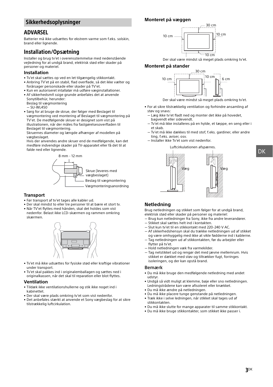 Sikkerhedsoplysninger, Side 3), Dk 3 | Advarsel, Installation/opsætning | Sony KDL-55W829B User Manual | Page 101 / 256
