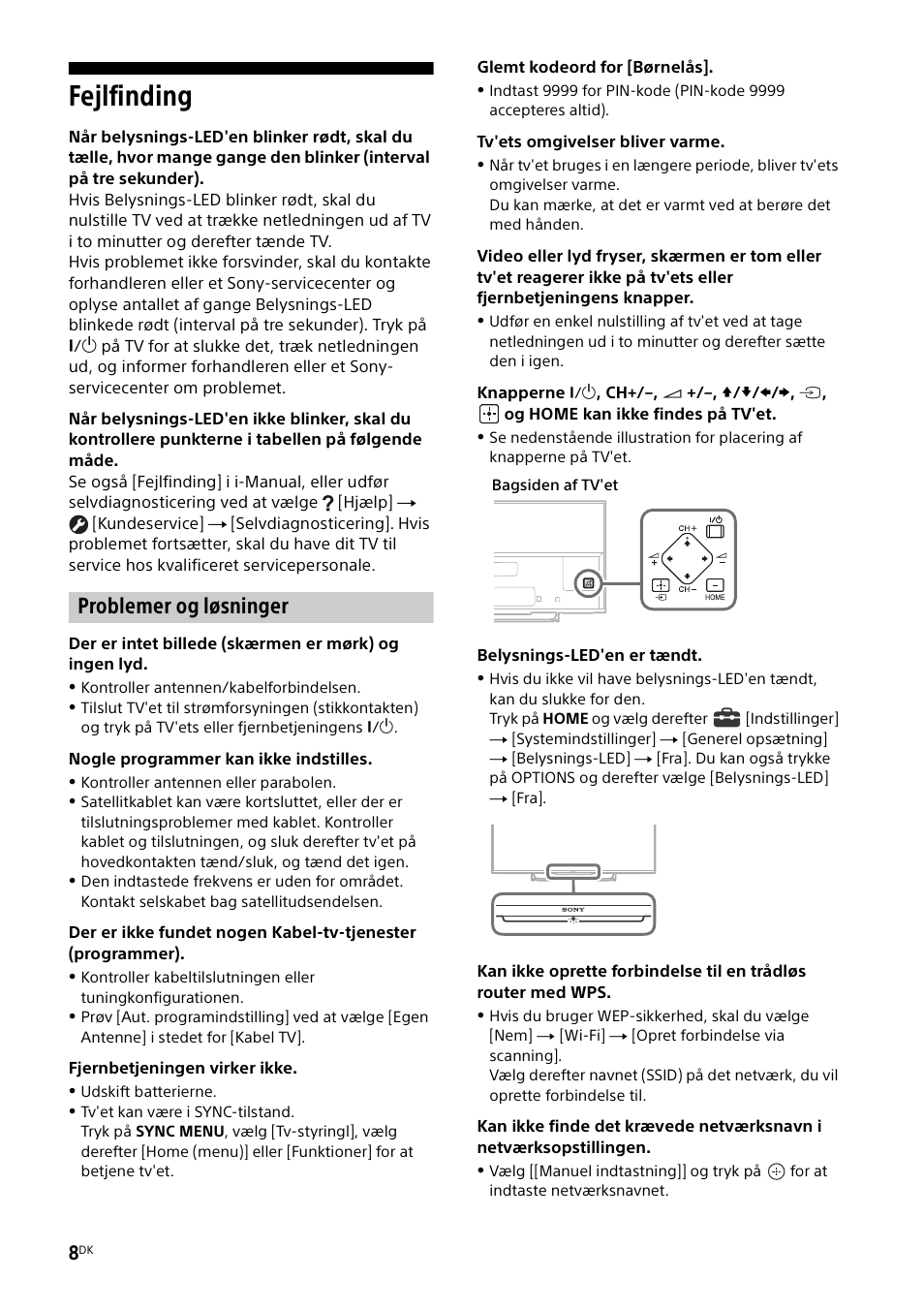 Fejlfinding, Problemer og løsninger | Sony KDL-55W829B User Manual | Page 106 / 256