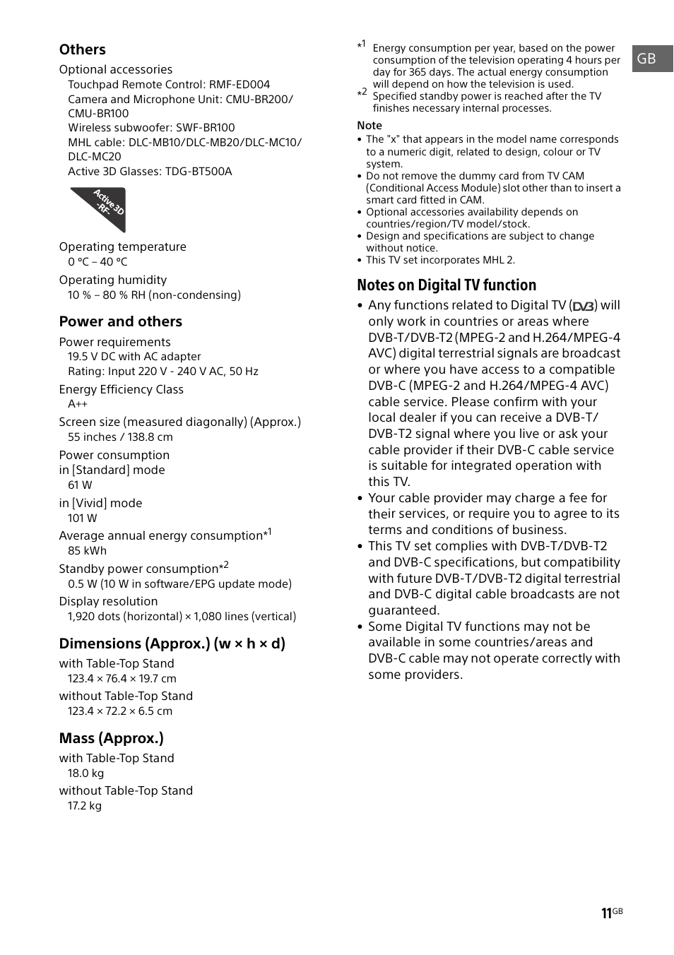 Gb others, Power and others, Dimensions (approx.) (w × h × d) | Mass (approx.) | Sony KDL-55W829B User Manual | Page 11 / 256