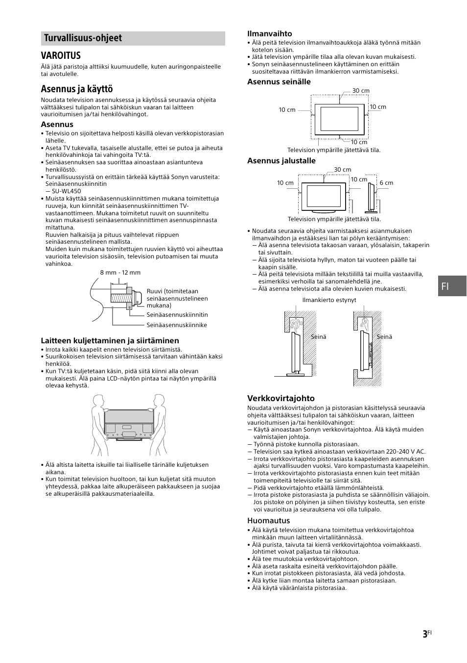 Turvallisuus-ohjeet, Turvallisuus-ohjeet” (sivu 3), Fi 3 | Varoitus, Asennus ja käyttö | Sony KDL-55W829B User Manual | Page 111 / 256