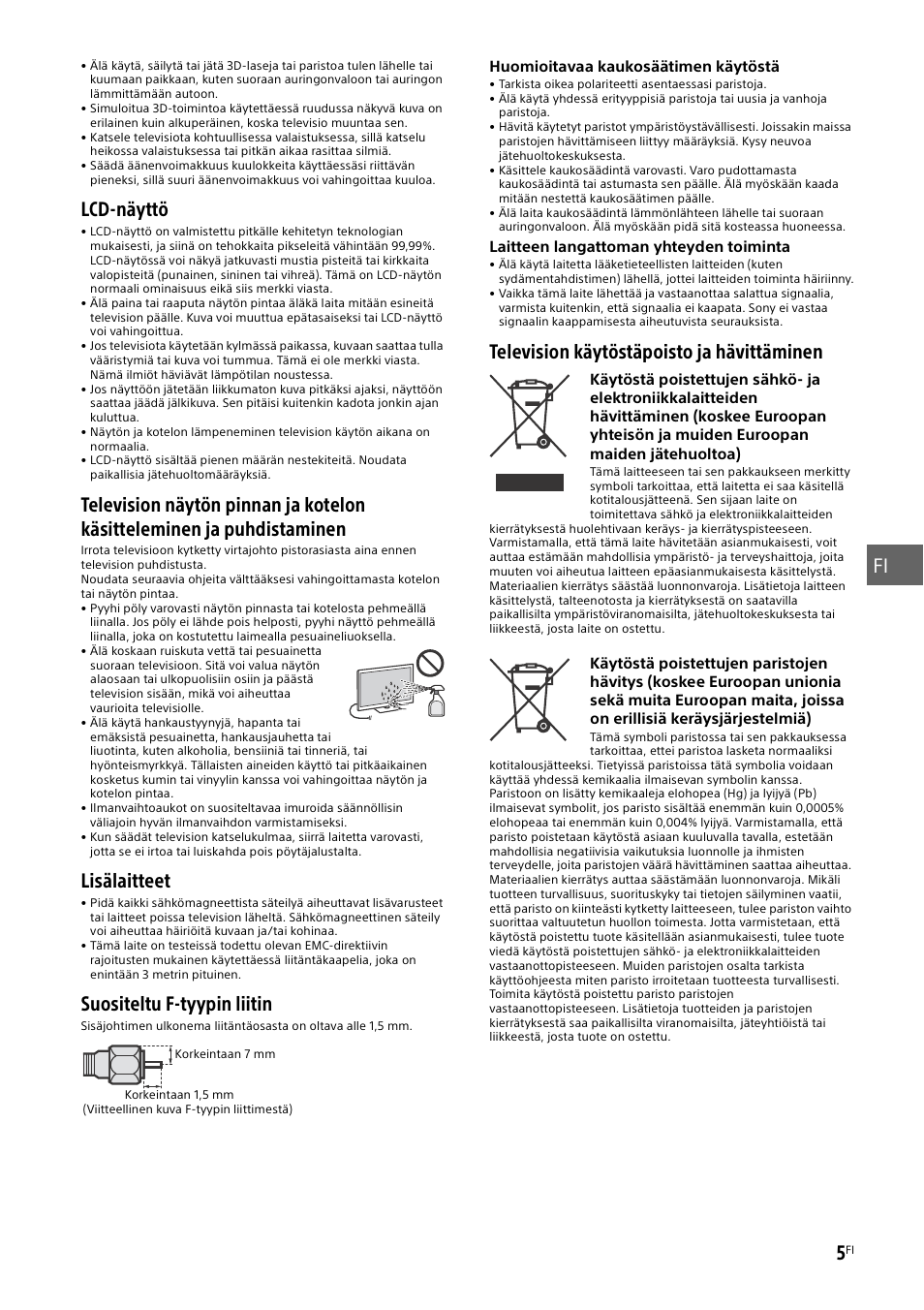 Fi 5, Lcd-näyttö, Lisälaitteet | Suositeltu f-tyypin liitin, Television käytöstäpoisto ja hävittäminen | Sony KDL-55W829B User Manual | Page 113 / 256