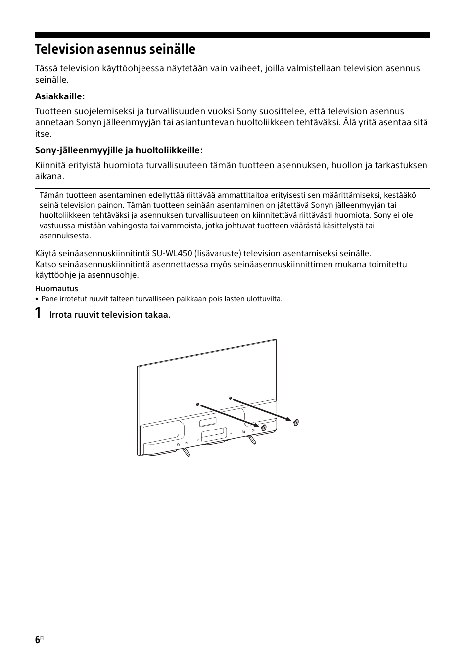 Television asennus seinälle | Sony KDL-55W829B User Manual | Page 114 / 256