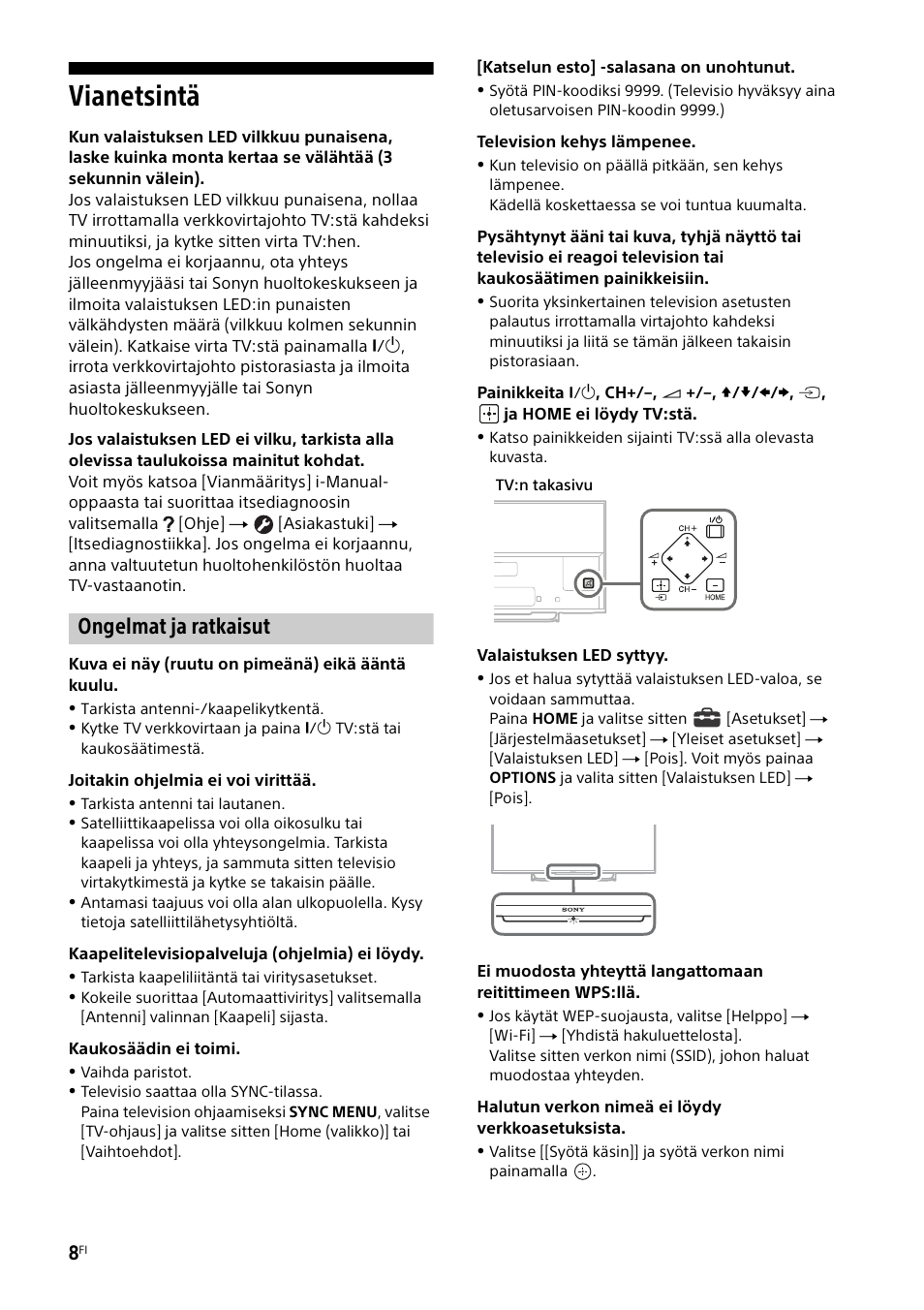 Vianetsintä, Ongelmat ja ratkaisut | Sony KDL-55W829B User Manual | Page 116 / 256