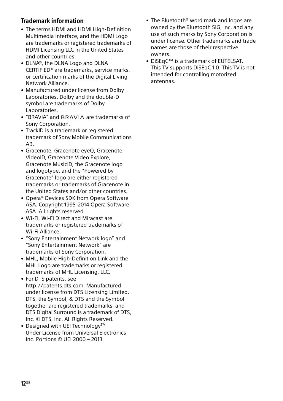 Trademark information | Sony KDL-55W829B User Manual | Page 12 / 256