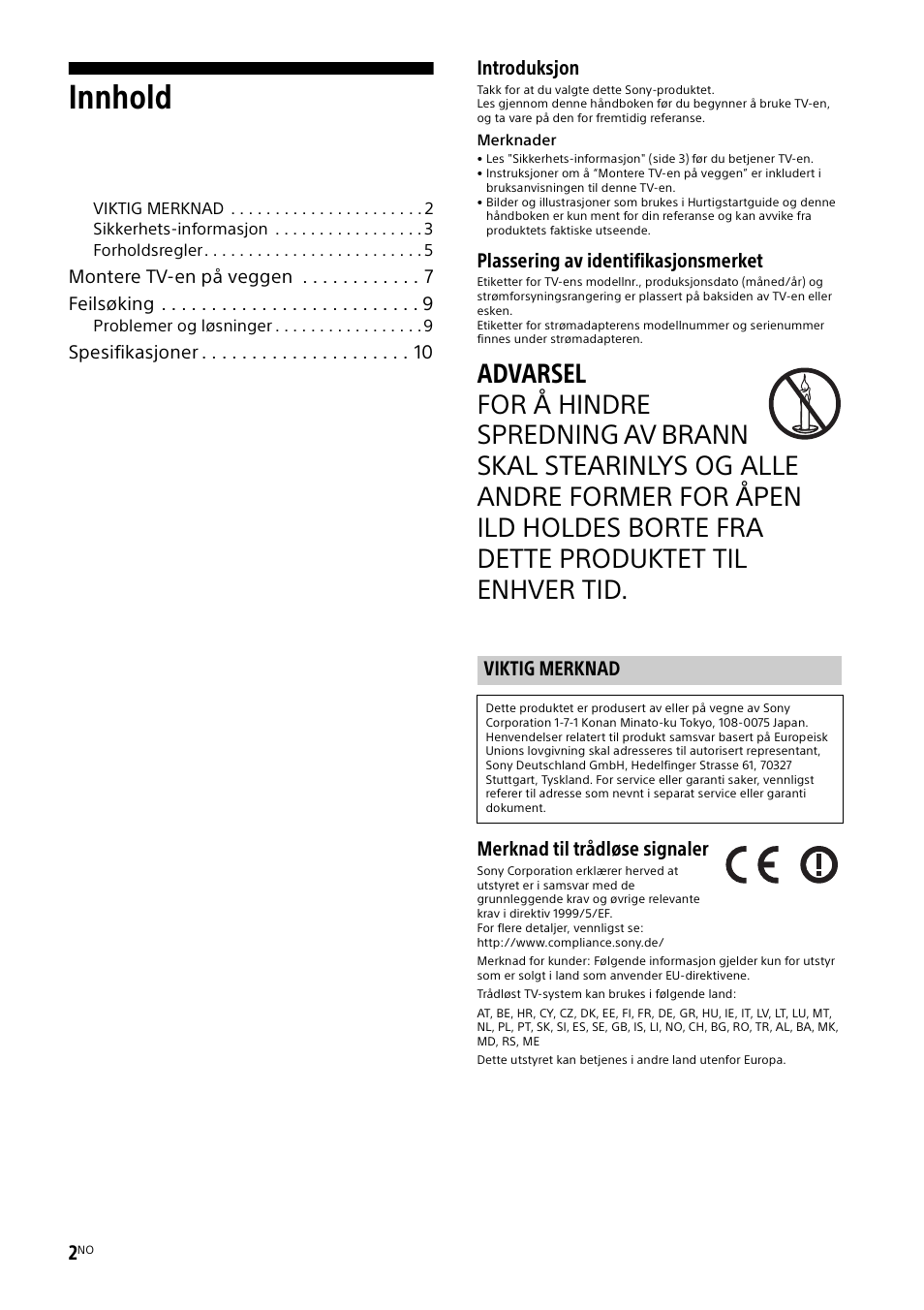 Viktig merknad, Innhold, Introduksjon | Plassering av identifikasjonsmerket, Merknad til trådløse signaler | Sony KDL-55W829B User Manual | Page 120 / 256